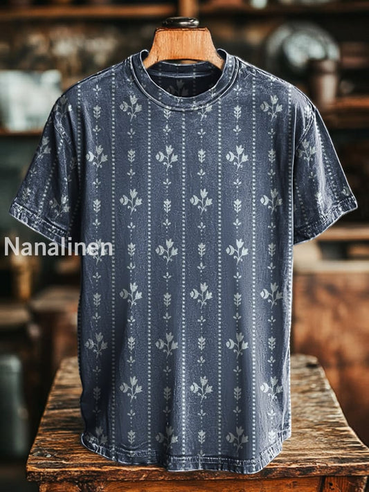 Unisex Vintage Striped Floral Print Casual Loose Short Sleeve T-Shirt Colorful / S
