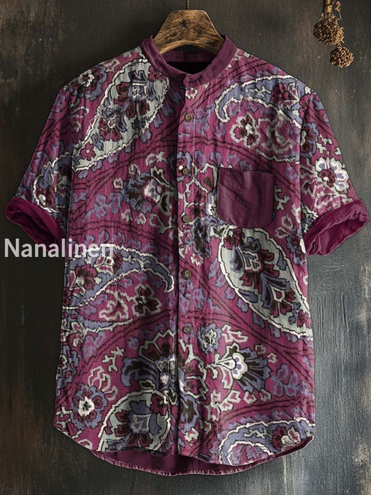 Unisex Vintage Style Floral Print Cotton Casual Short Sleeve Shirt Colorful / S