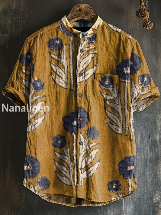 Unisex Vintage Style Flowers Print Cotton Casual Short Sleeve Shirt Colorful / S
