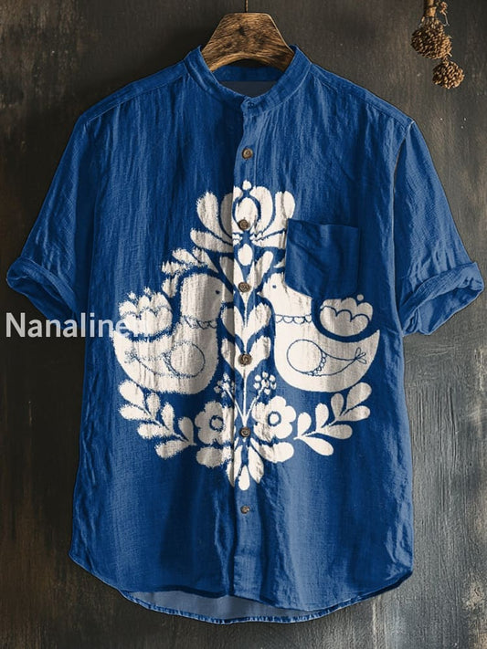 Unisex Vintage Style Retro Birds Print Cotton Casual Short Sleeve Shirt Colorful / S