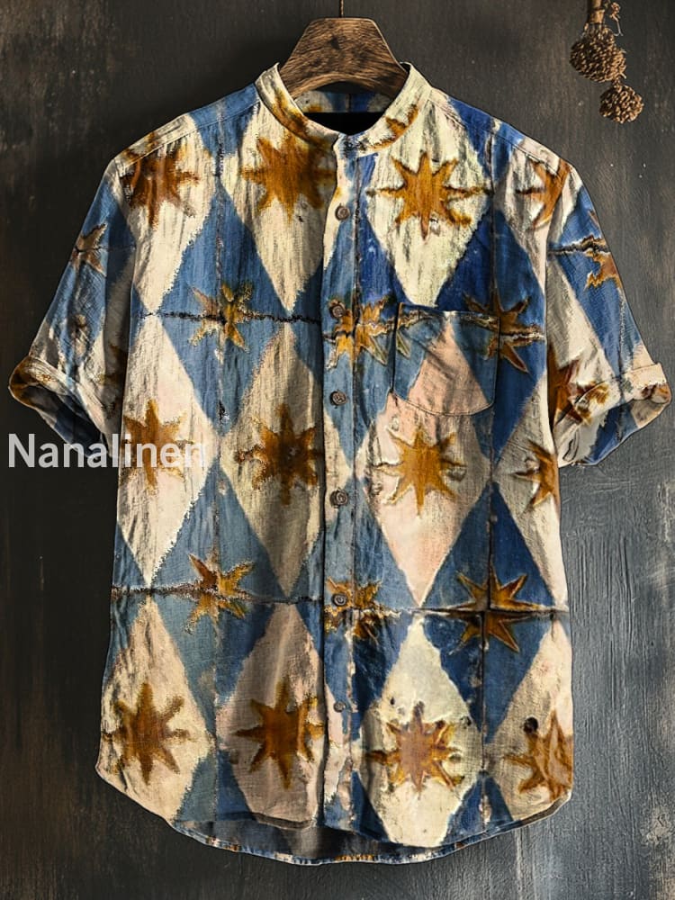 Unisex Vintage Style Stars Print Cotton Casual Short Sleeve Shirt Colorful / S