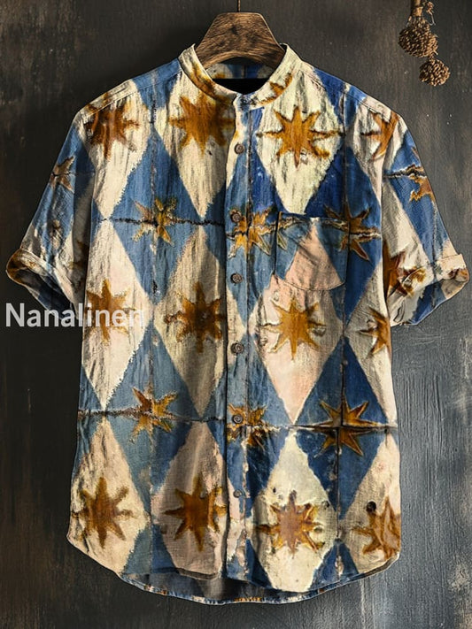 Unisex Vintage Style Stars Print Cotton Casual Short Sleeve Shirt Colorful / S