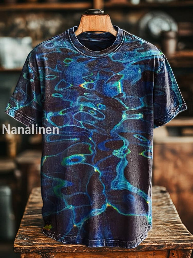 Unisex Vintage Water Wave Print Casual Loose Short Sleeve T-Shirt Colorful / S
