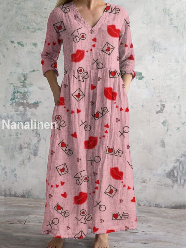 Valentine’s Day Vintage Art Print Chic V Neck Three Quarter Sleeve Elegant Midi Dress Pink / S