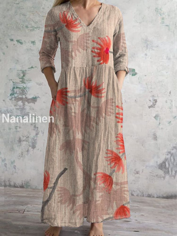 Vintage Art Flowers Print Chic V Neck Three Quarter Sleeve Elegant Midi Dress Beige / S