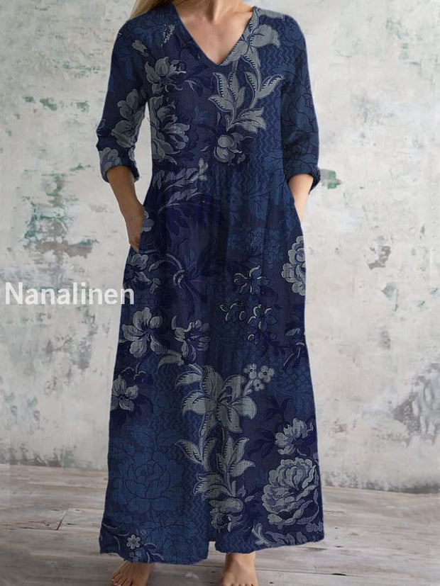 Vintage Art Flowers Print Chic V Neck Three Quarter Sleeve Elegant Midi Dress Dark Blue / S