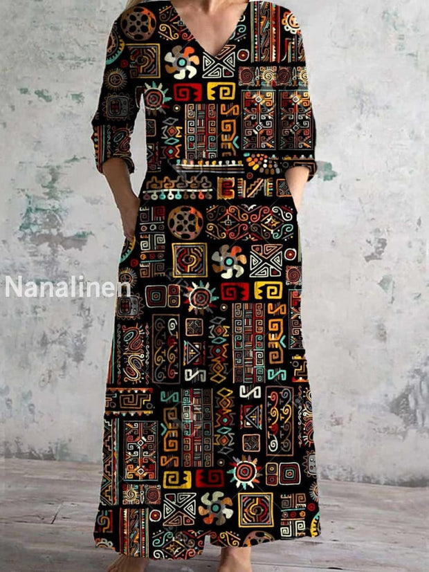 Vintage Art Print Chic V-Neck Three-Quarter Sleeve Elegant Mid-Length Dress A / S