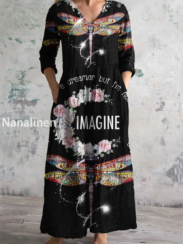 Vintage Art Print Chic V Neck Three Quarter Sleeve Elegant Midi Dress A / S