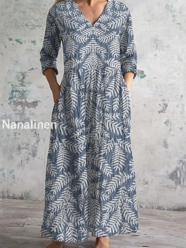 Vintage Art Print Chic V Neck Three Quarter Sleeve Elegant Midi Dress A / S