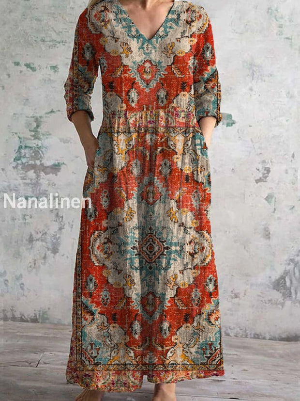 Vintage Art Print Chic V-Neck Three-Quarter Sleeve Elegant Midi Dress A / S