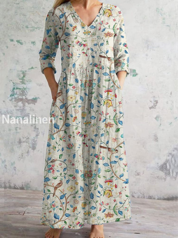 Vintage Art Print Chic V Neck Three Quarter Sleeve Elegant Midi Dress Beige / S