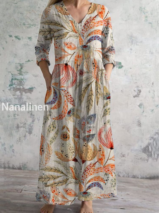 Vintage Art Print Chic V Neck Three Quarter Sleeve Elegant Midi Dress Beige / S