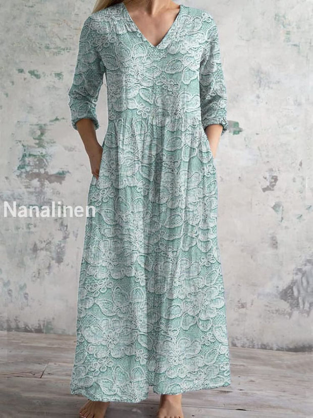 Vintage Art Print Chic V Neck Three Quarter Sleeve Elegant Midi Dress Light Green / S