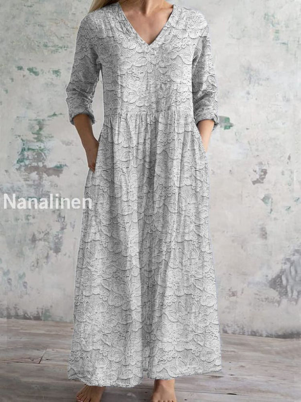 Vintage Art Print Chic V Neck Three Quarter Sleeve Elegant Midi Dress White / S