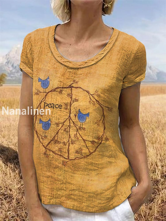 Vintage Art Printed Short Sleeve Top Khaki / S
