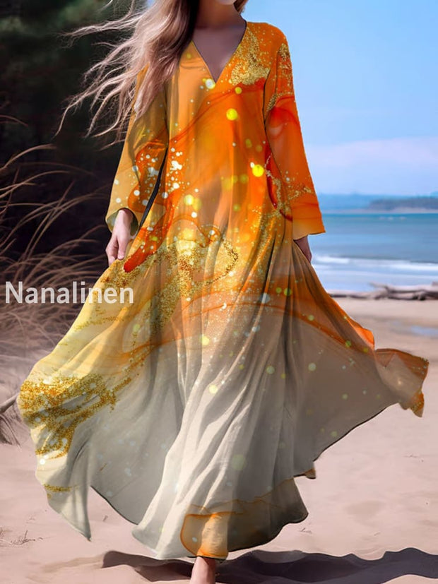 Vintage Bohemian Art Print Vintage Chic V-Neck Cotton Long Sleeve Midi Dress A / S