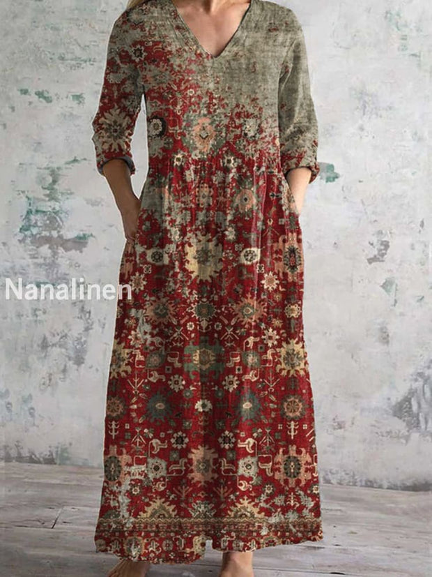 Vintage Bohemian Art Printed Chic V-Neck Three-Quarter Sleeve Elegant Midi Dress A / S