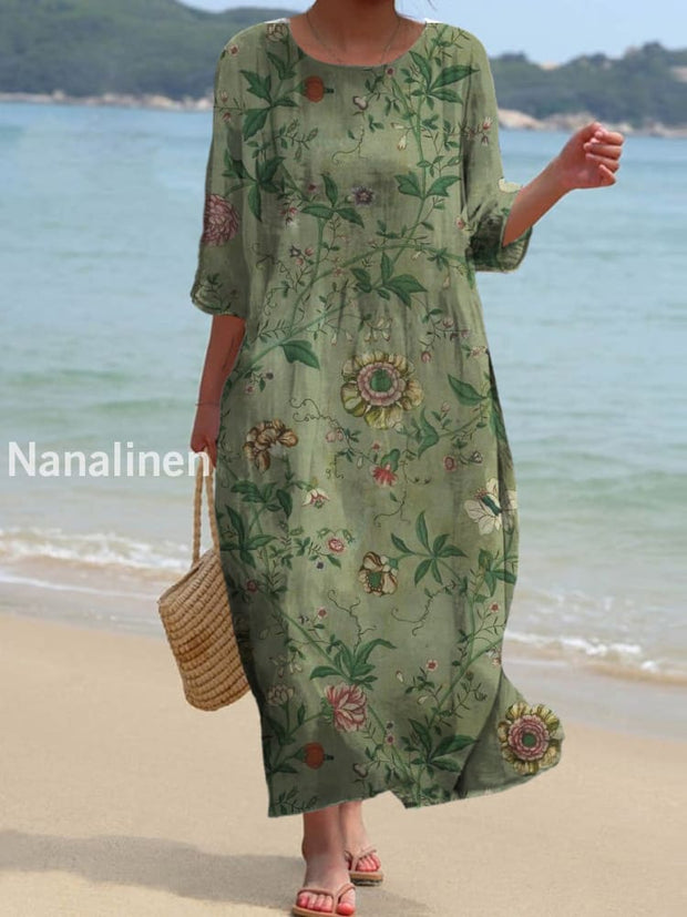 Vintage Bohemian Floral Art Print Chic Round Neck Three Quarter Sleeve Elegant Midi Dress A / S