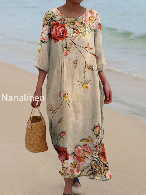 Vintage Bohemian Floral Art Print Chic Round Neck Three-Quarter Sleeves Elegant Midi Dress A / S