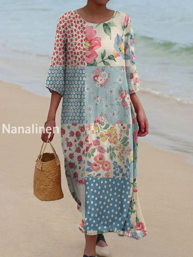 Vintage Bohemian Floral Art Print Chic Round Neck Three-Quarter Sleeves Elegant Midi Dress A / S