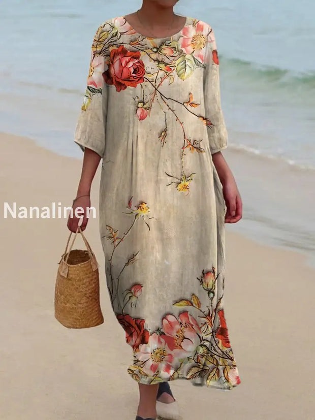 Vintage Bohemian Floral Art Print Chic Round Neck Three-Quarter Sleeves Elegant Midi Dress A / S