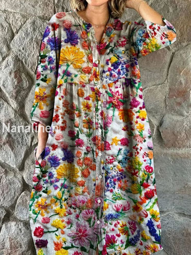 Vintage Bohemian Floral Art Print Chic V Neck Three Quarter Sleeve Button Elegant Midi Dress A / S