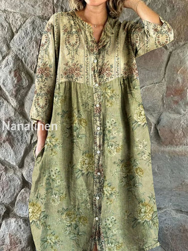 Vintage Bohemian Floral Art Print Chic V Neck Three Quarter Sleeve Button Elegant Midi Dress A / S