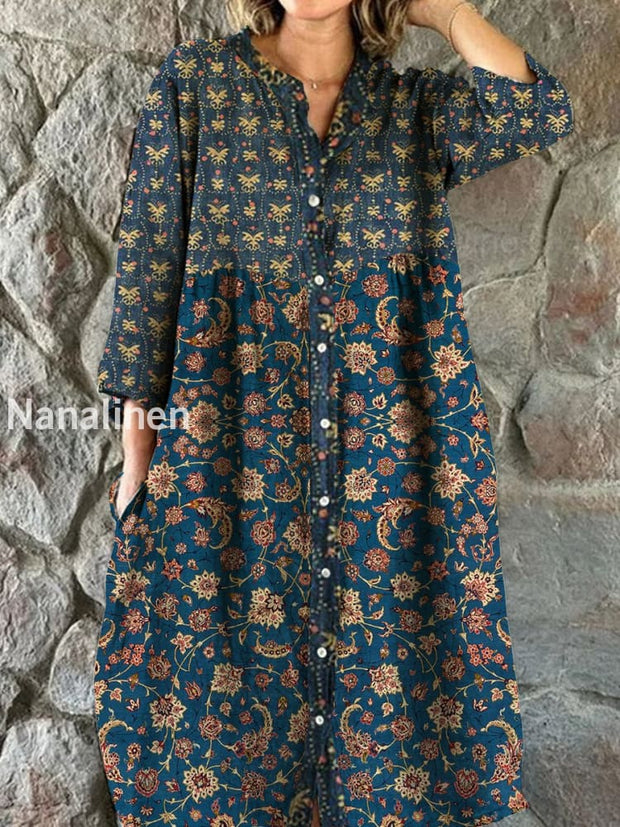 Vintage Bohemian Floral Art Print Chic V Neck Three Quarter Sleeve Button Elegant Midi Dress A / S