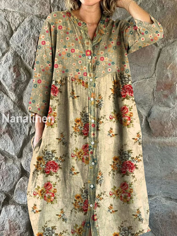 Vintage Bohemian Floral Art Print Chic V Neck Three Quarter Sleeve Button Elegant Midi Dress A / S