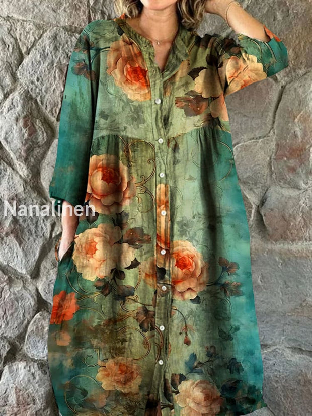 Vintage Bohemian Floral Art Print Chic V Neck Three Quarter Sleeve Button Elegant Midi Dress A / S