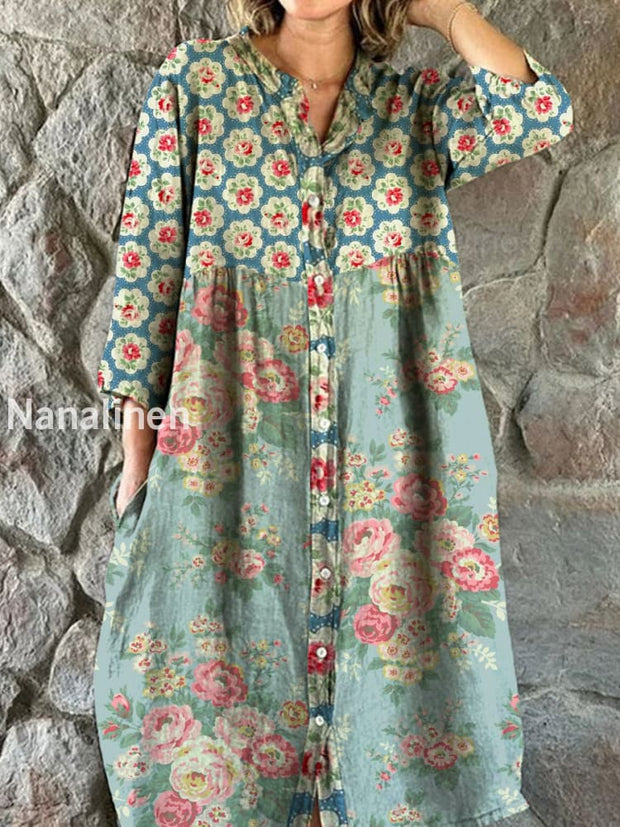 Vintage Bohemian Floral Art Print Chic V Neck Three Quarter Sleeve Button Elegant Midi Dress A / S