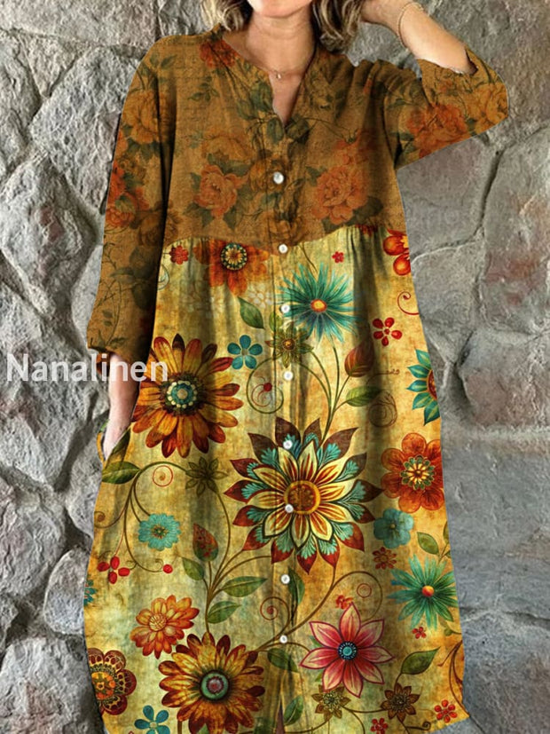 Vintage Bohemian Floral Art Print Chic V Neck Three Quarter Sleeve Button Elegant Midi Dress A / S