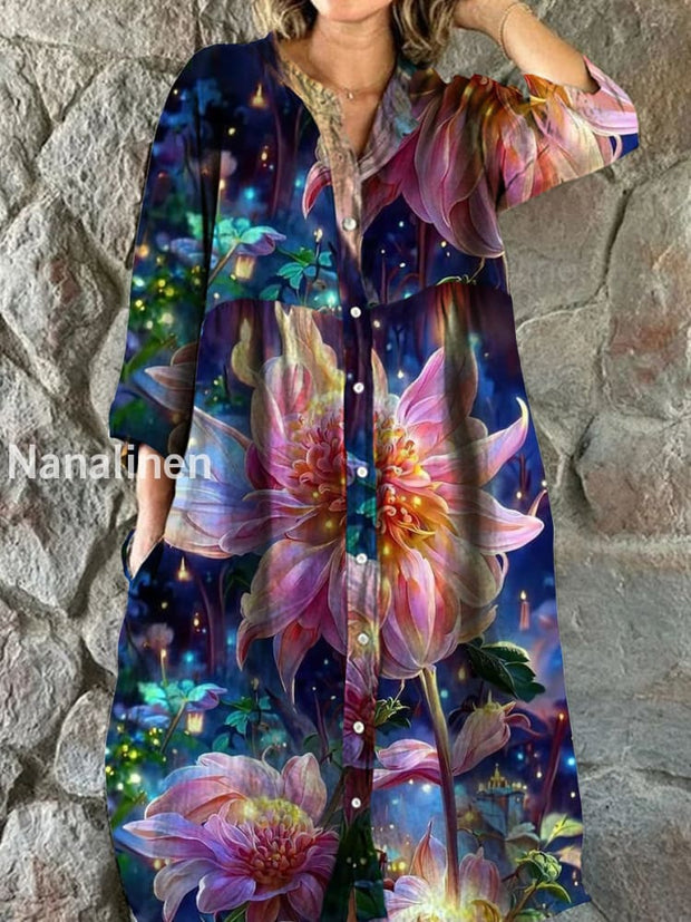 Vintage Bohemian Floral Art Print Chic V Neck Three Quarter Sleeve Button Elegant Midi Dress A / S