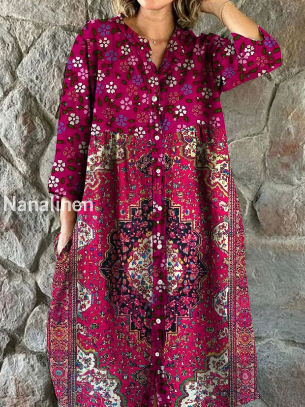 Vintage Bohemian Floral Art Print Chic V Neck Three Quarter Sleeve Button Elegant Midi Dress A / S