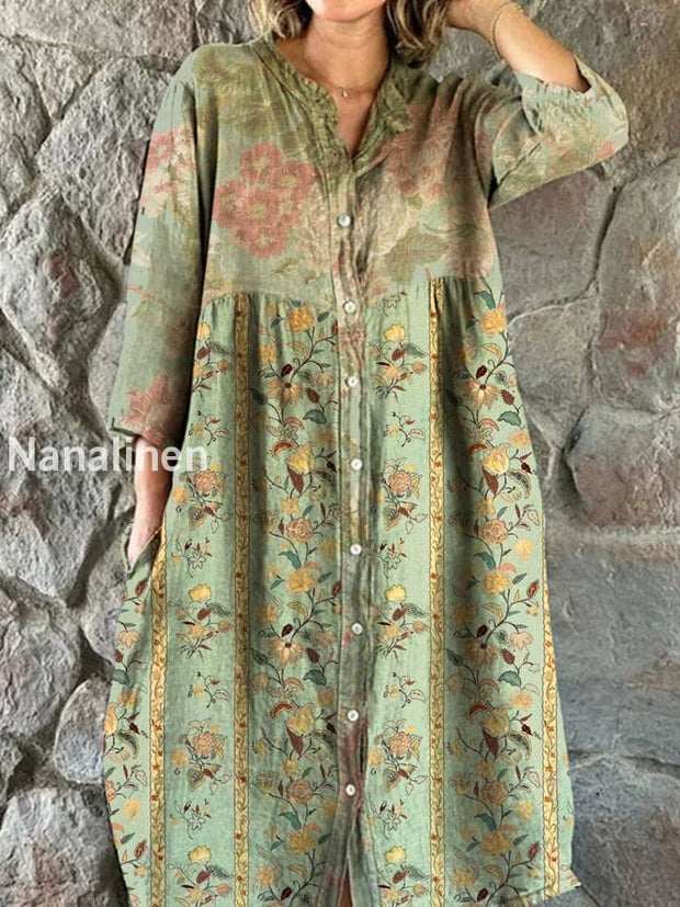 Vintage Bohemian Floral Art Print Chic V Neck Three Quarter Sleeve Button Elegant Midi Dress A / S