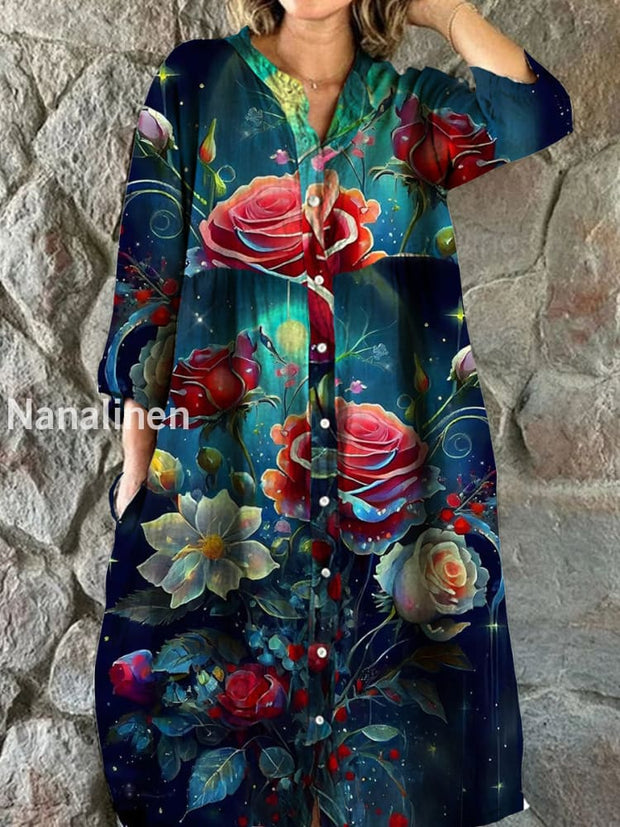 Vintage Bohemian Floral Art Print Chic V Neck Three Quarter Sleeve Button Elegant Midi Dress A / S