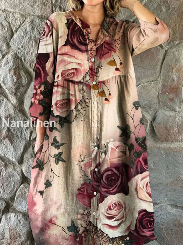 Vintage Bohemian Floral Art Print Chic V Neck Three Quarter Sleeve Button Elegant Midi Dress A / S