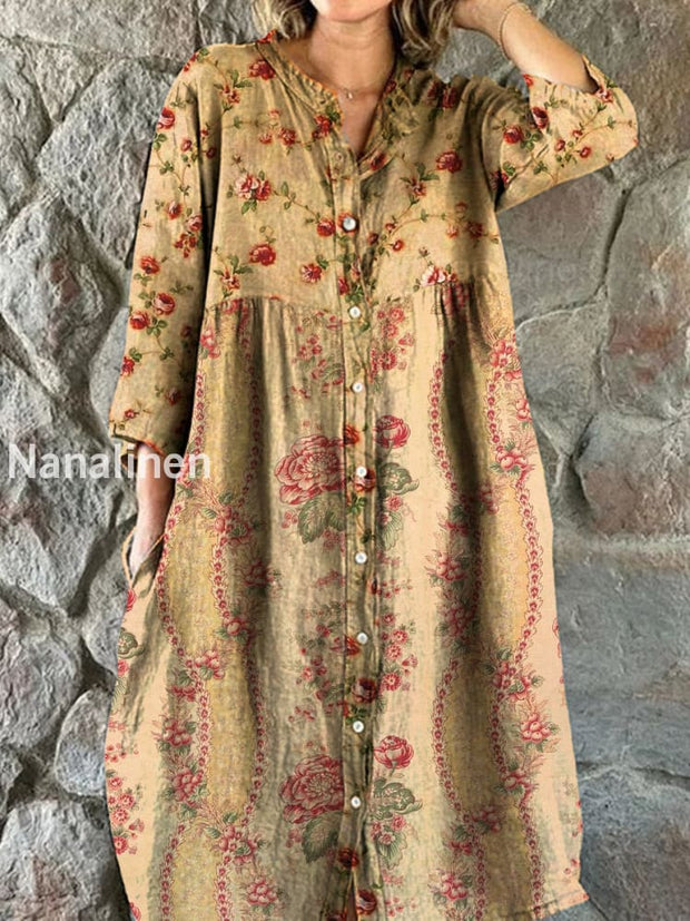 Vintage Bohemian Floral Art Print Chic V Neck Three Quarter Sleeve Button Elegant Midi Dress A / S