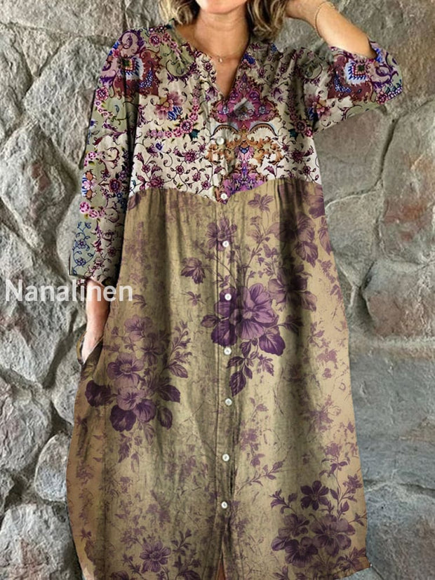 Vintage Bohemian Floral Art Print Chic V Neck Three Quarter Sleeve Button Elegant Midi Dress A / S