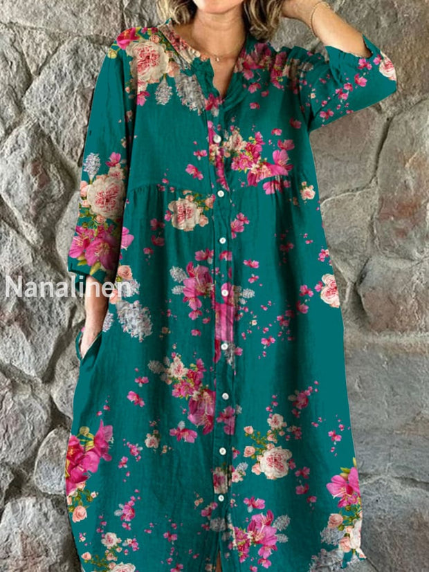 Vintage Bohemian Floral Art Print Chic V Neck Three Quarter Sleeve Button Elegant Midi Dress A / S