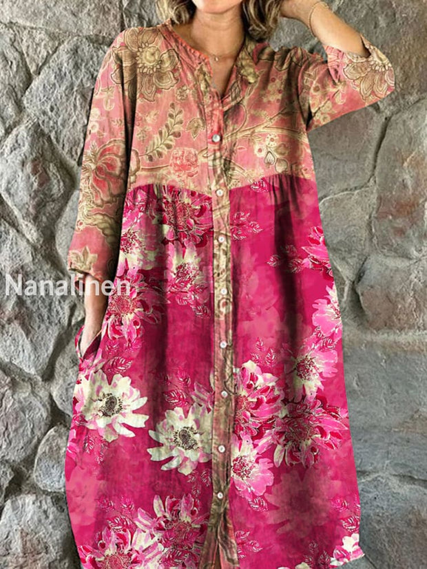 Vintage Bohemian Floral Art Print Chic V Neck Three Quarter Sleeve Button Elegant Midi Dress A / S