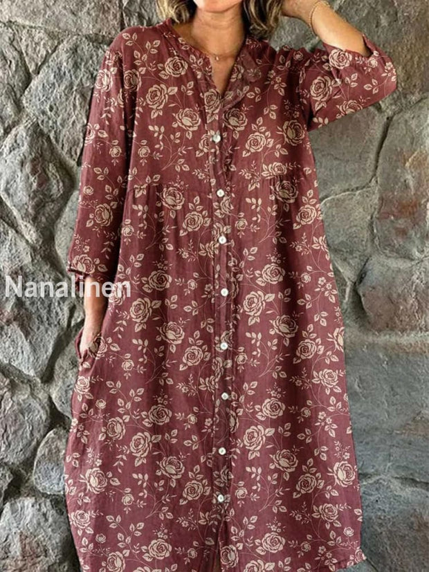 Vintage Bohemian Floral Art Print Chic V Neck Three Quarter Sleeve Button Elegant Midi Dress A / S