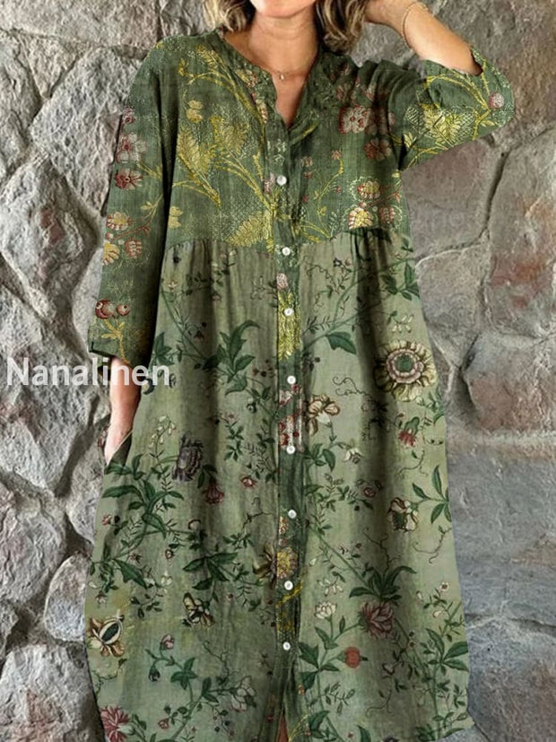 Vintage Bohemian Floral Art Print Chic V Neck Three Quarter Sleeve Button Elegant Midi Dress A / S