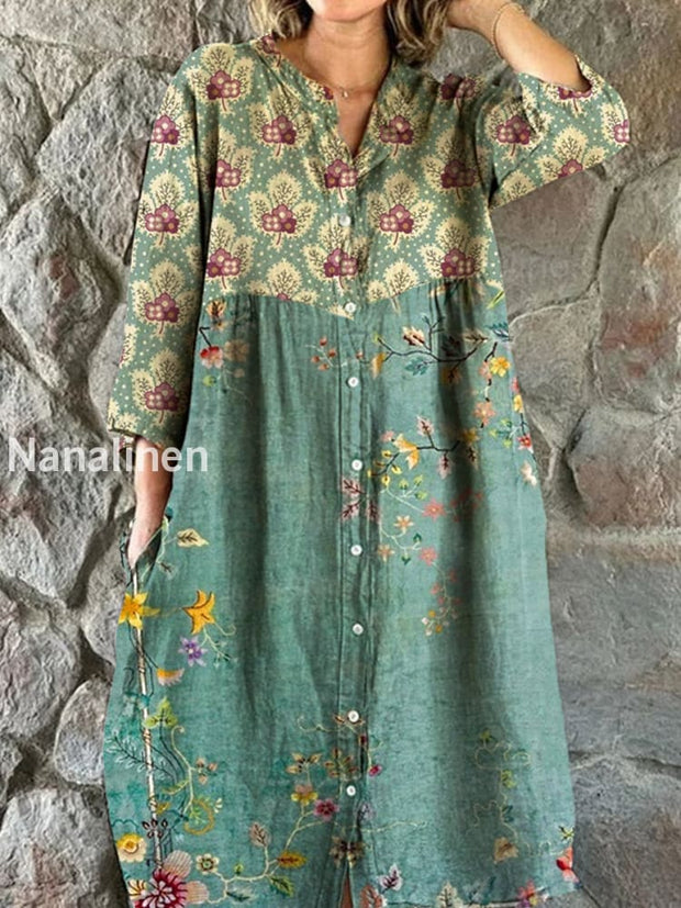 Vintage Bohemian Floral Art Print Chic V Neck Three Quarter Sleeve Button Elegant Midi Dress A / S