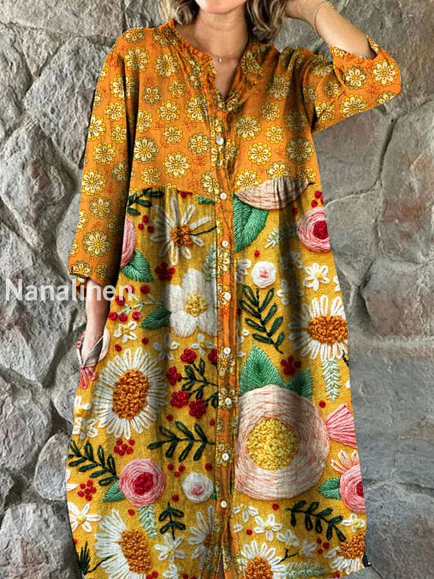 Vintage Bohemian Floral Art Print Chic V Neck Three Quarter Sleeve Button Elegant Midi Dress A / S