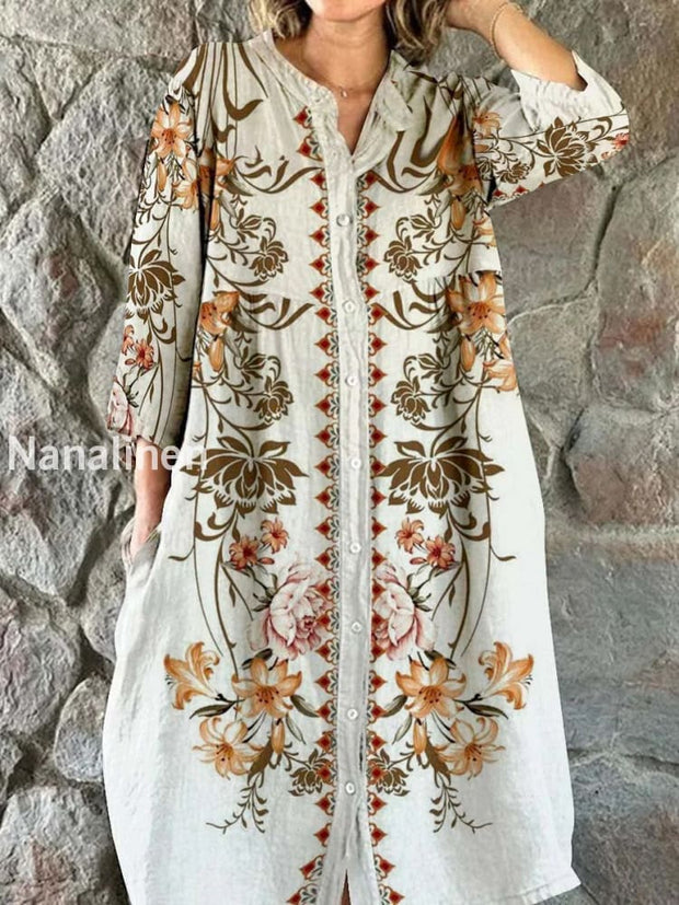 Vintage Bohemian Floral Art Print Chic V Neck Three Quarter Sleeve Button Elegant Midi Dress A / S