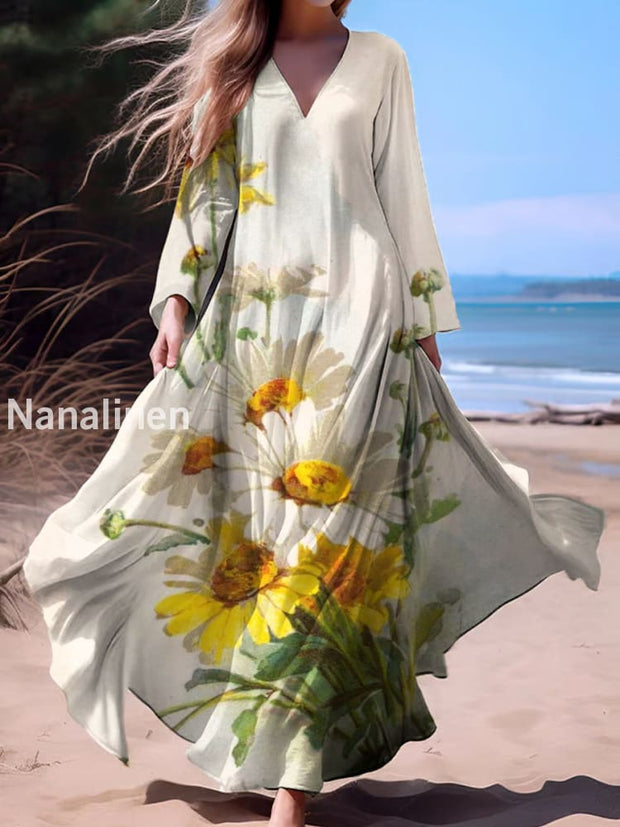 Vintage Bohemian Floral Print Vintage Chic V-Neck Cotton Long Sleeve Midi Dress A / S