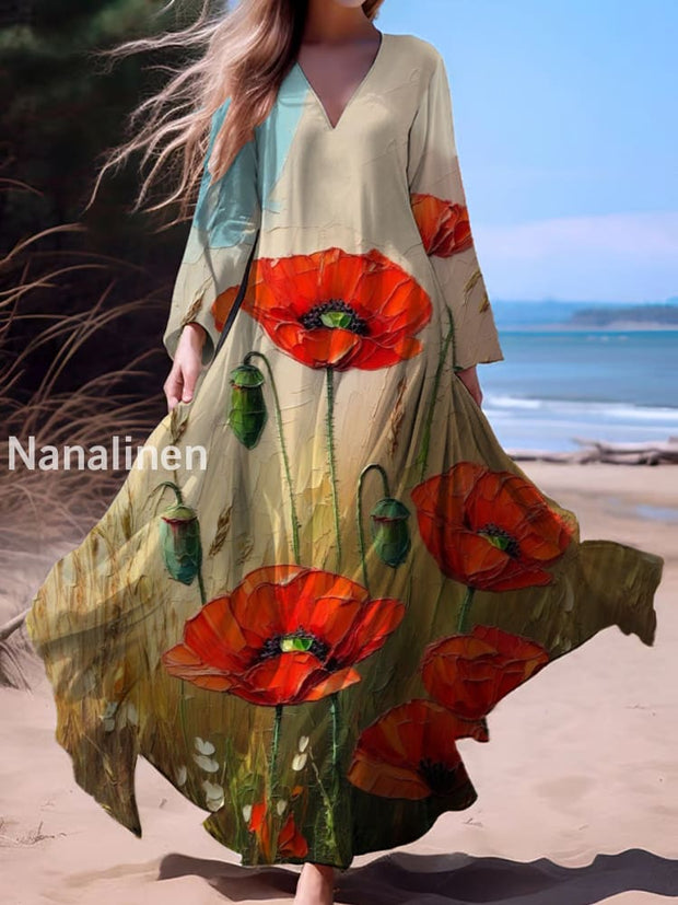 Vintage Bohemian Floral Print Vintage Chic V-Neck Cotton Long Sleeve Midi Dress A / S