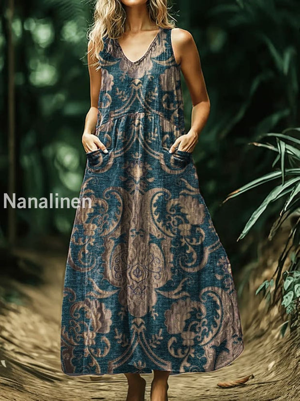 Vintage Bohemian Floral Print Sleeveless Loose Midi Dress A / S