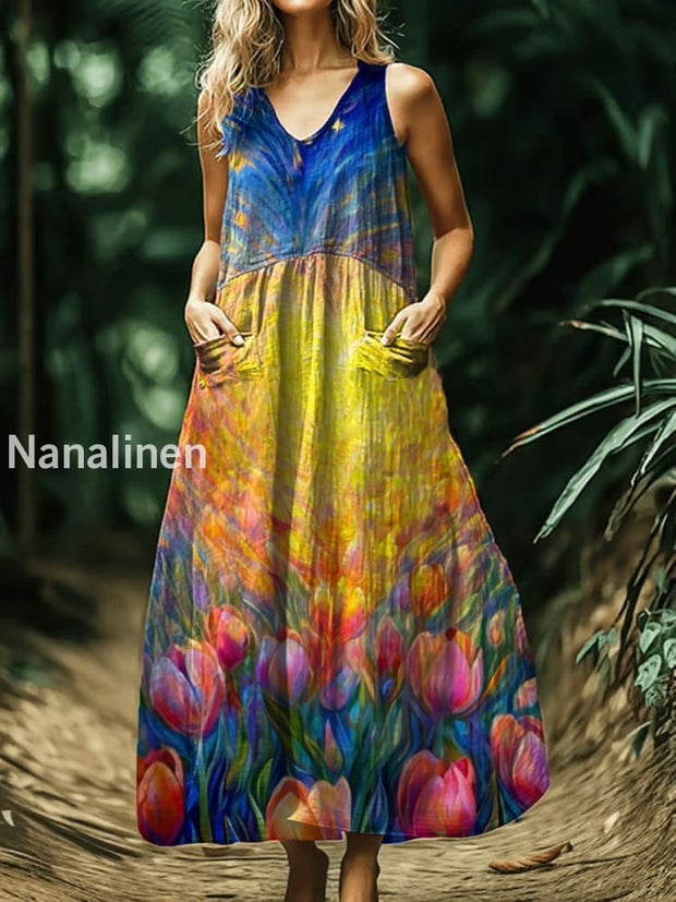 Vintage Bohemian Floral Print Sleeveless Loose Midi Dress A / S